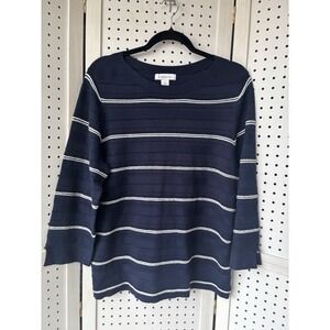 Liz Claiborne 3/4 SLV Navy Blue Striped Light Pullover Sweater Womens L Nautical